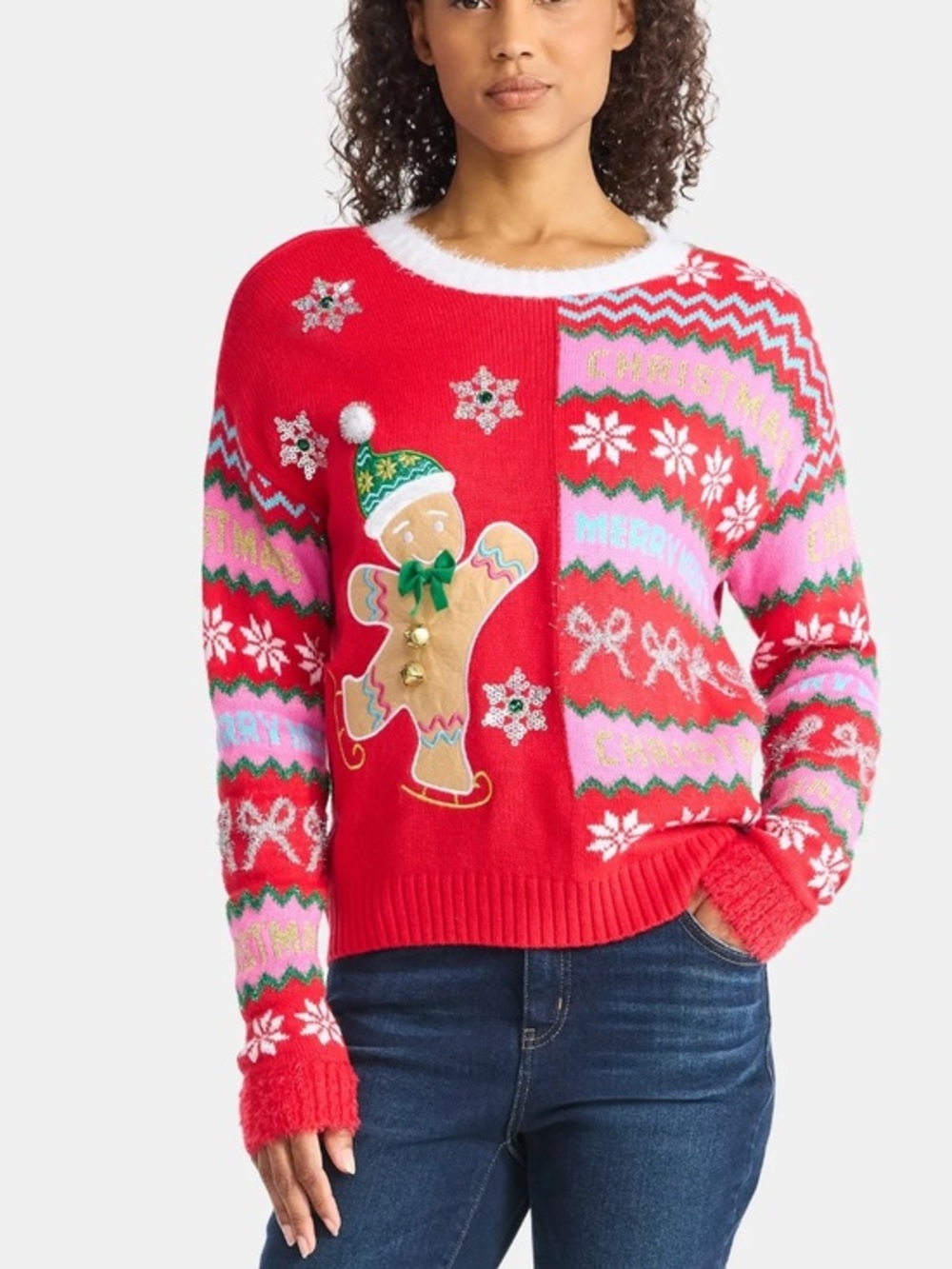 HOLIDAY TIME Women's Embellished Gingerbread man Pullover ugly Christmas Sweater